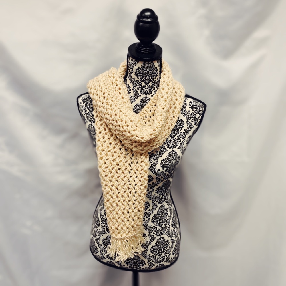 Handmade hand knit scarf - wheat/ ecru